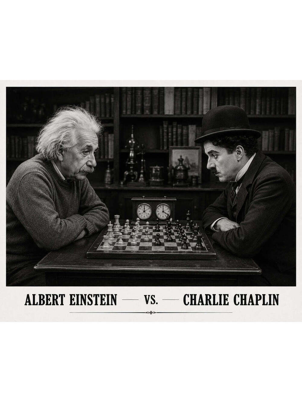 4343 Albert Einstein vs Charlie Chaplin Across The Board Chess 8x10 Print